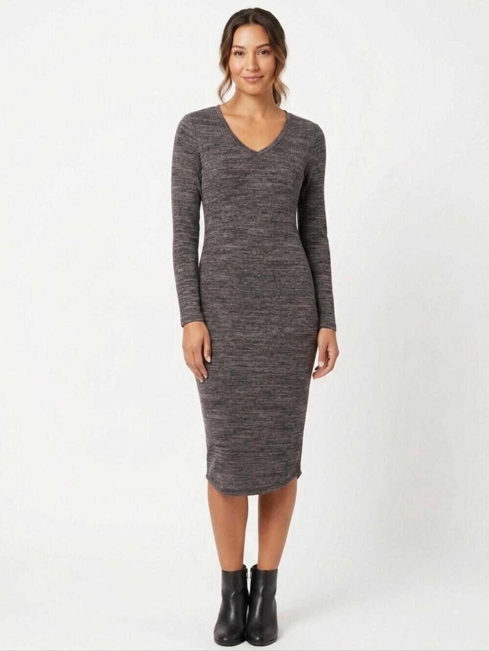 Philosophy Bodycon Long Sleeve Space Dye Dress Gray Black M Athleisure Midi